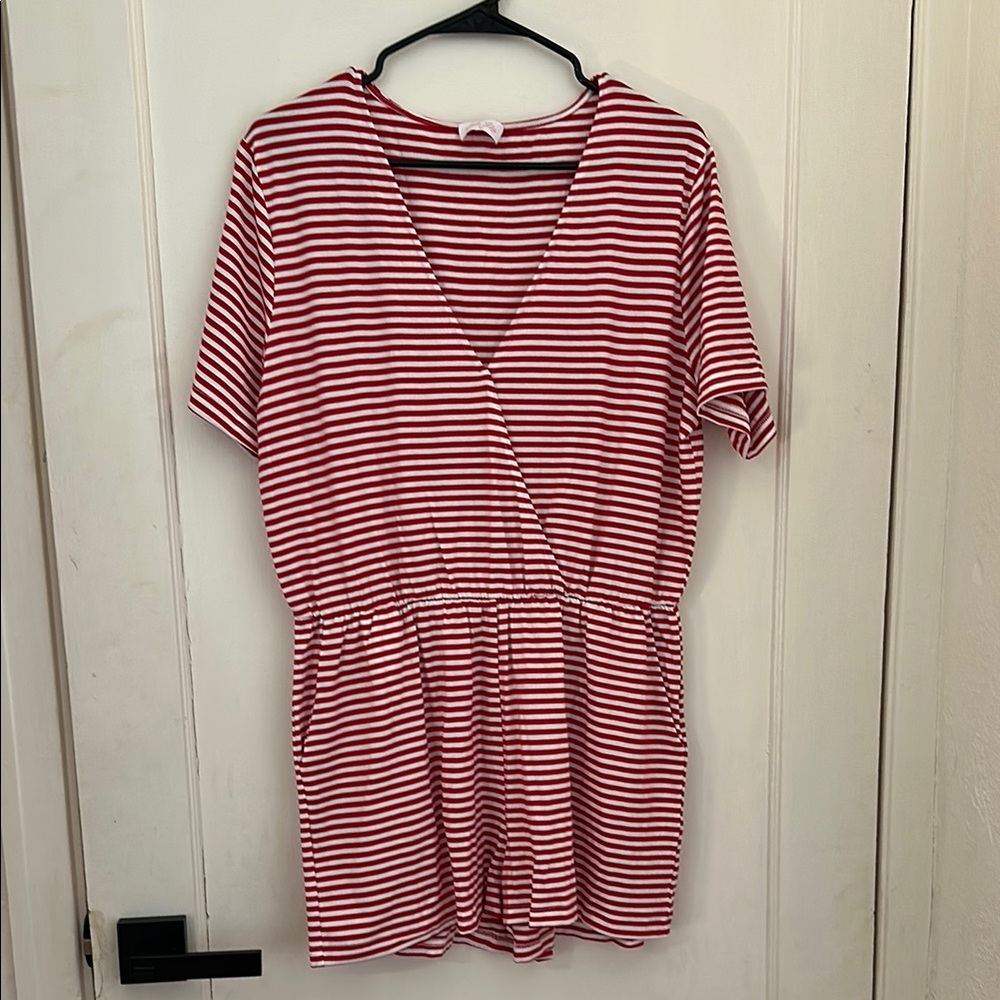 Red and White Striped V-Neck Romper